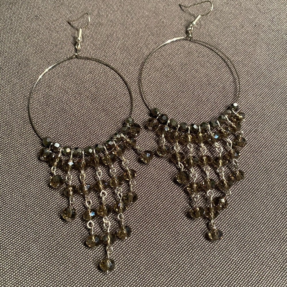 NWT super long gray and silver hand beaded earring